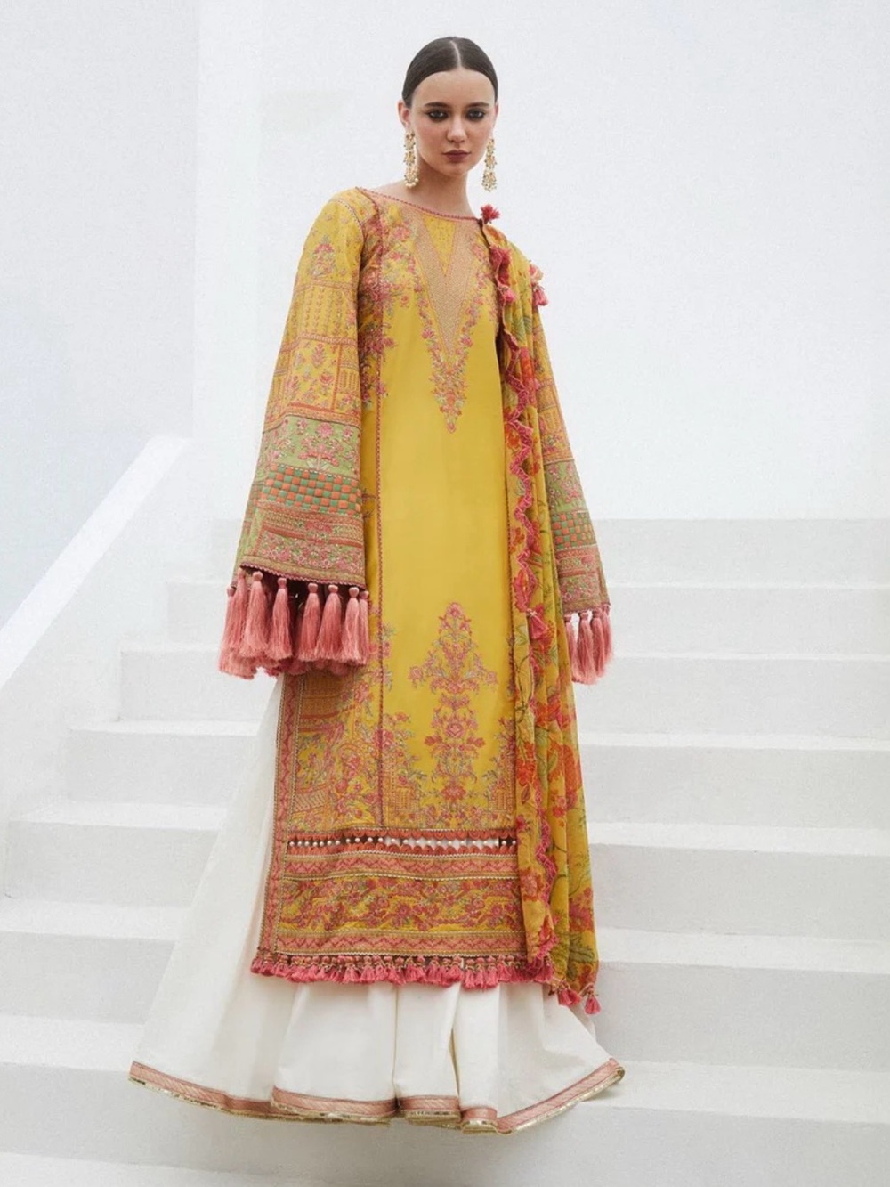 Embroidered Yellow & Pink Hussain Rehar dress Pakistani Indian